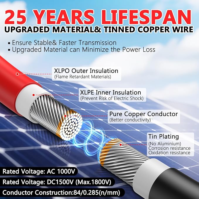 Vansdon 2x30 Feet Solar Panel Extension Cable, 12AWG Solar Cable, Solar Panel Cable with Female and Male Waterproof Connectors for RV, Photovoltaic Systems (30FT Red + 30FT Black) - Image 2