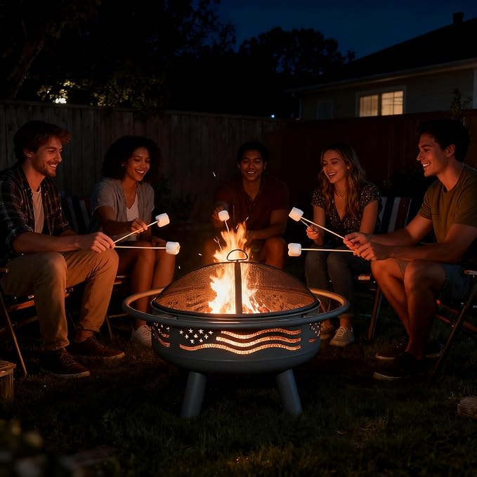 Breezz 32 Inch American Flag Fire Pit with Mesh Cover & Poker, Round Metal Wood Burning Outdoor Firepit for Patio, Garden, Backyard, Bonfire, Ideal for 4th of July, Memorial Day, Christmas - Image 5