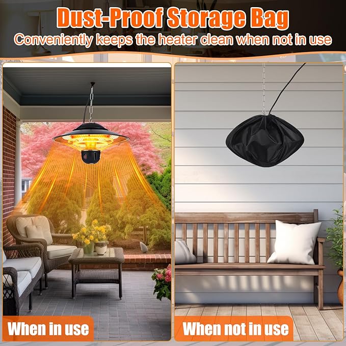 1500w Ceiling Mounted Outdoor Heaters Electric Hanging Infrared Patio Heater with Remote Control, Dust Cover and Adjustable Chain, 3 Adjustable Modes for Garage, Gazebo, Balcony, Courtyard