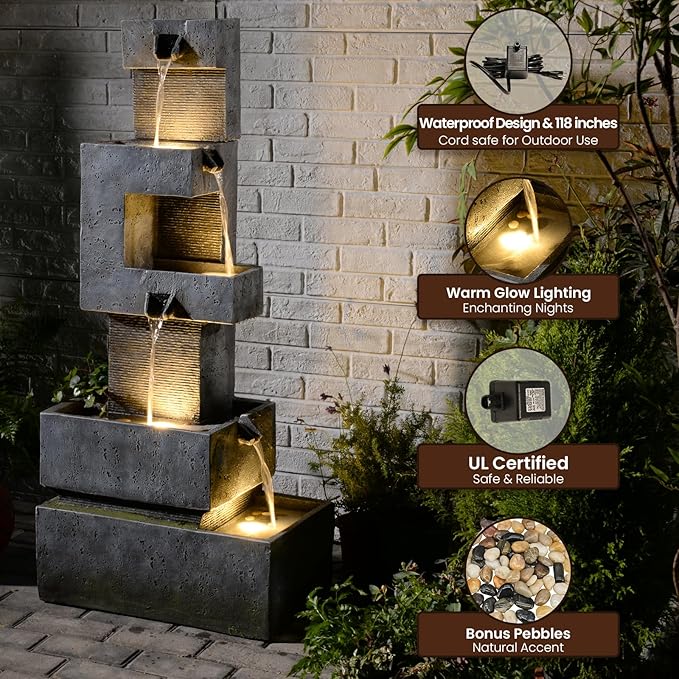 48 inches Outdoor Water Fountain Tiered Large Waterfall Freestanding Cascade Fountains Modern Geometric Effects with LED Lights for Garden Patio Yard Pool Home Decor Gray