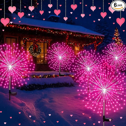 6 Pack Pink Solar Firework Lights 180 LED 8 Lighting Modes Waterproof Outdoor Decorative Solar Lights for Wedding Valentine Birthday Garden Patio Yard Pathway Walkway Lawn Decor