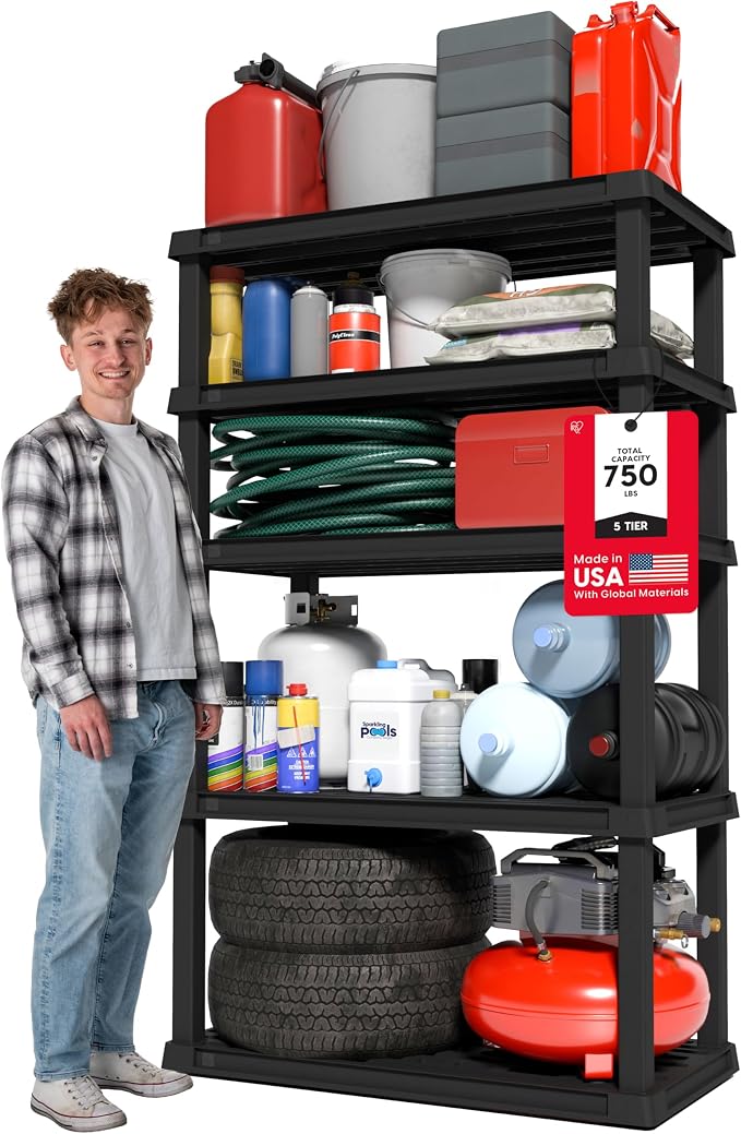 IRIS USA 5-Shelf Heavy Duty Plastic Storage Shelves, 750lb Capacity, 68" H x 36" W x 18" D, Large Modular Shelving Unit Storage Organizer for Garage, Home, Warehouse & Gym, Storage Rack - Black by IRISUSA