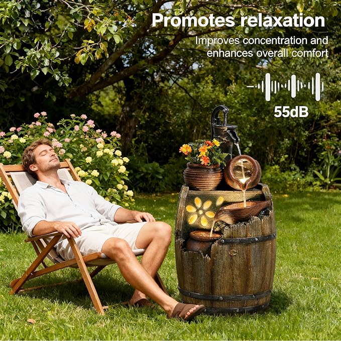 Water Fountain Outdoor 29" H Outside Floor 3 Tiered Rustic Barrel with Light, Pump for Garden, Patio, Deck, Porch, Backyard Home Decor