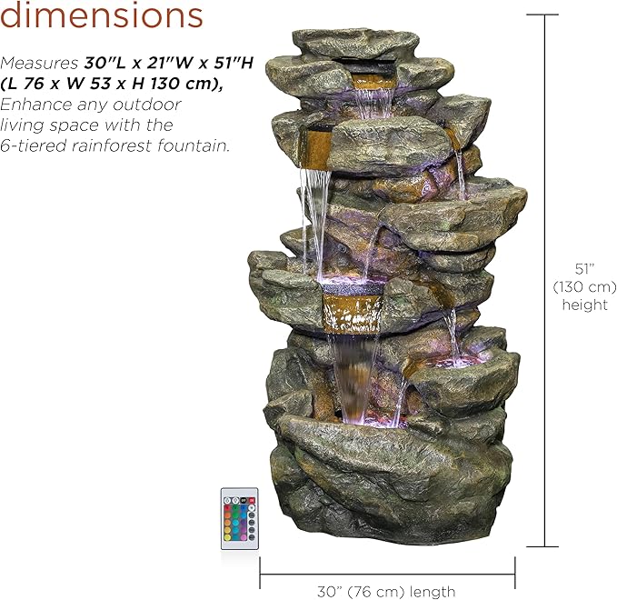 Alpine Corporation 51" Tall 6-Tier Outdoor Rainforest Waterfall Floor Fountain, Weather-Resistant Design with Color-Changing LED Lights & Remote Control, Gray