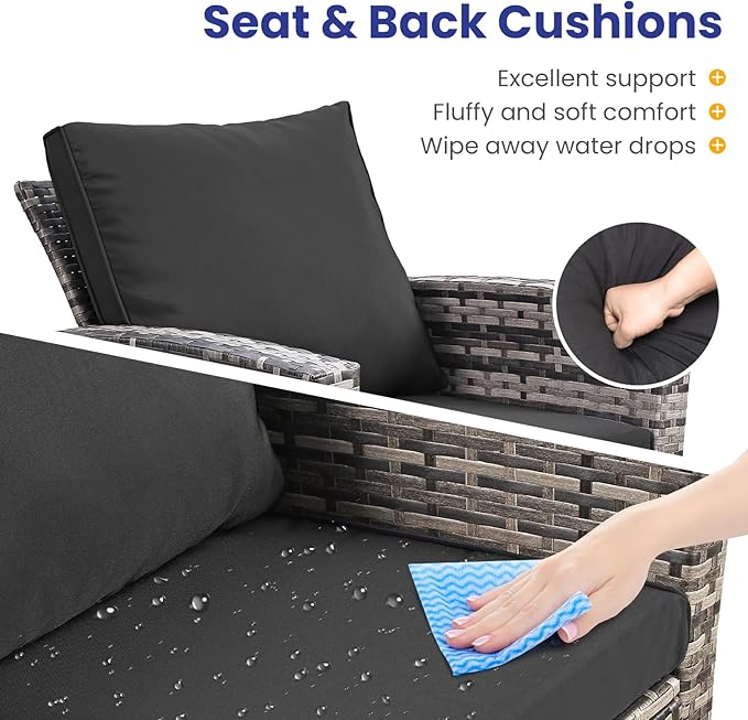 FHFO Oversized 4 Piece Outdoor Patio Furniture Set,Wicker Conversation Sets Outdoor Sectional Patio Sofa Couch with Cushions & Coffee Table for Outside, Garden, Balcony, Porch, Grey/Black