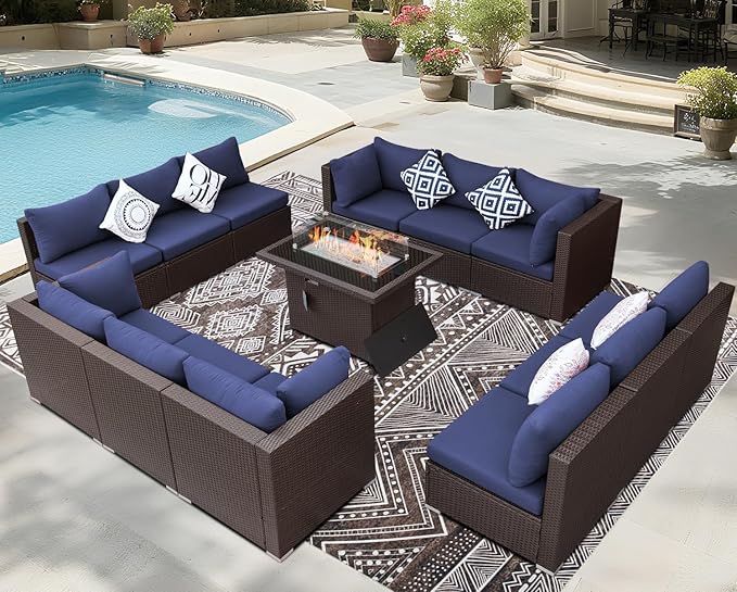BULEXYARD 13 Piece High Back Wicker Patio Furniture Sets with Fire Pit, Elegant Oversized Outdoor Seating Set Modular, Comfy Extra Deep Wide 12-Person Sectional Couch Sofa for Backyard, Brown & Blue