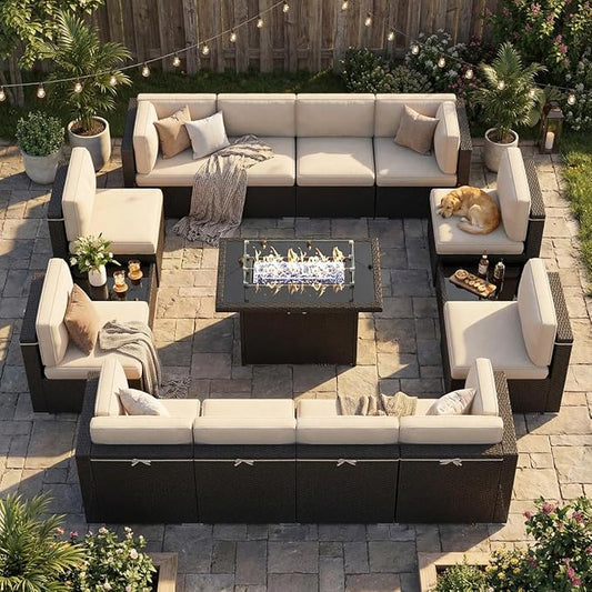 15 Pieces Patio Furniture Set with 44" Propane Gas Fire Pit Table, Outdoor Sectional Wicker Conversation Sofa Sets with Coffee Table