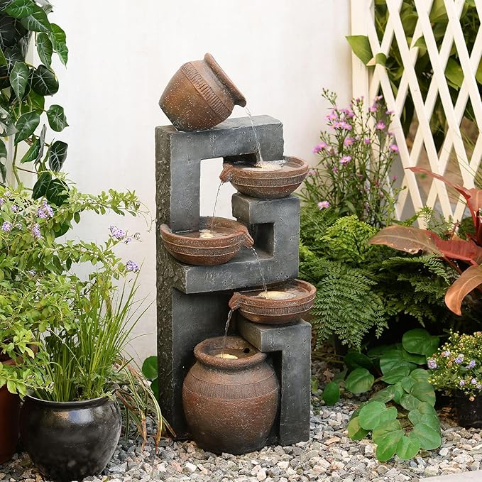33.8" H Water Fountain Outdoor with LED Lights & Pump, 5-Tier Cascading Outdoor Fountain for Garden,Patio,Porch,Backyard,Home Art Decor (Brown)