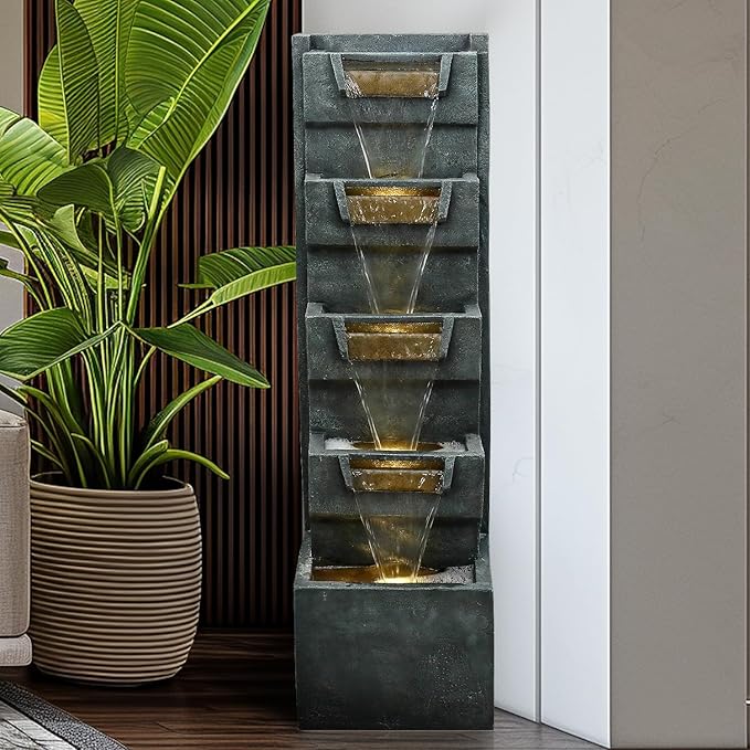 39.3" H Modern Water Fountain 5-Tier Outdoor Garden - Water Fountain w/LED Lights Cascading Waterfall Features for Home Garden Backyard Decor