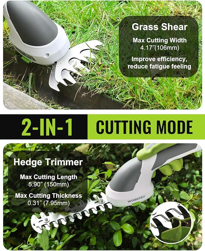 WORKPRO Cordless Grass Shear & Shrubbery Trimmer - 2 in 1 Handheld Hedge Trimmer 7.2V Electric Grass Trimmer Hedge Shears/Grass Cutter Rechargeable Lithium-Ion Battery and Type-C Cable Included - Image 2