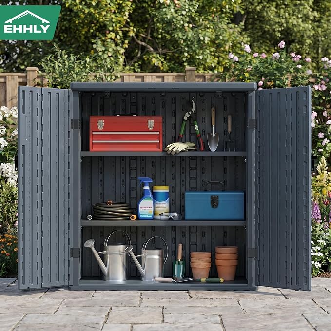 EHHLY Heavy Duty Small Storage Cabinet Outdoor Weatherproof, 14 Cuft Garage Storage Cabinet with 2 Adjustable Shelves, Lockable Kitchen Pantry Closer Organizer, 31Wx23Lx34H, Sage Grey - Image 7