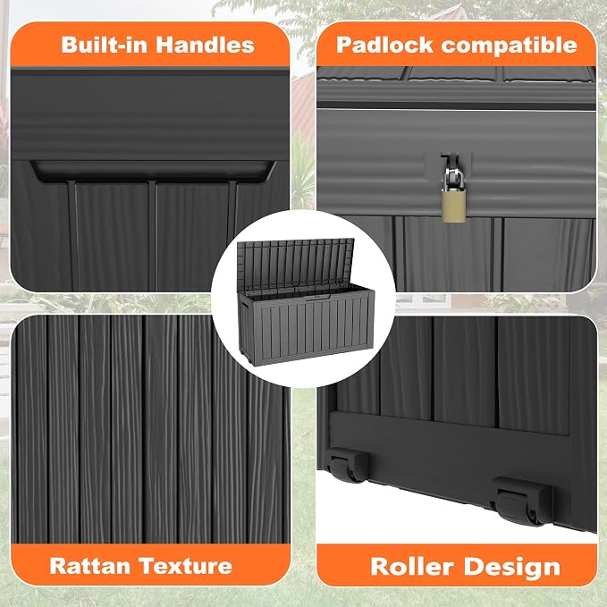PatioZen 75 Gallon Resin Deck Box, Lockable Patio Outdoor Storage Box for Furniture, Garden Tools and Tools Storage, Waterproof Outside Storage Boxes - Black - Image 2