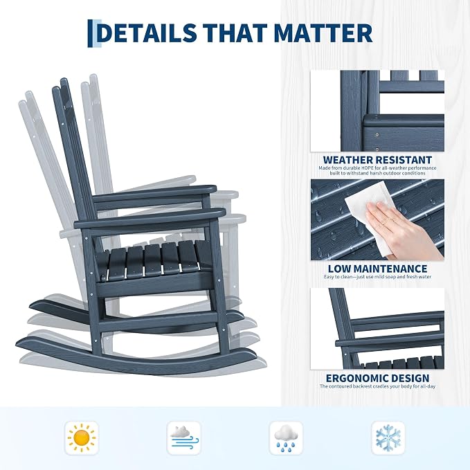 Garvee HDPE Rocking Chair Outdoor Set of 6 - Poly High Back Porch Rocker Chairs for Adults - All Weather Resistant Furniture for Patio Front Porch - Navy Blue - Image 4