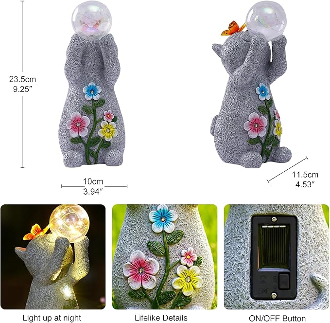 Goodeco Solar Cat Garden Statue - Outdoor Cat Decor with Solar Butterfly & Succulent Flowers LED Lights for Garden Enthusiasts - Ideal Gifts for Mom & Birthdays