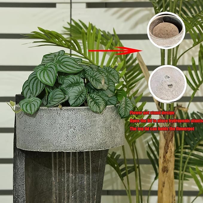 35" Modern Outdoor Patio Water Fountain & Rainfall Feature – Resin Garden Waterfall Fountain with Light Spiral Indoor Water Feature for Patio, Yard, Porch Decor – Gray