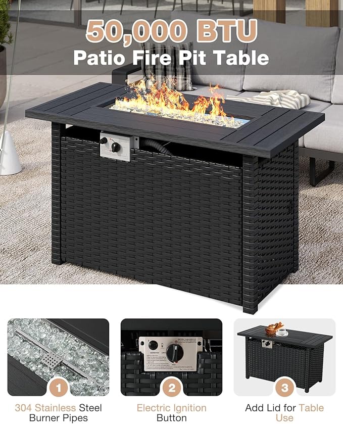 Aoxun Aluminum Patio Furniture Set with Fire Pit Table, 7 Seats Luxury Outdoor Sectional with 6" Olefin Fabric Cushions, Patio Conversation Sets with Waterproof Cover for Backyard, Porch Light Grey