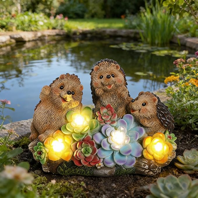 3 Hedgehog Solar Garden Statues with Succulent Animal Figurines Resin Hedgehog Decor Outdoor Statues, Ideal Decoration for Lawn Patio Yard, Gifts for Men Women