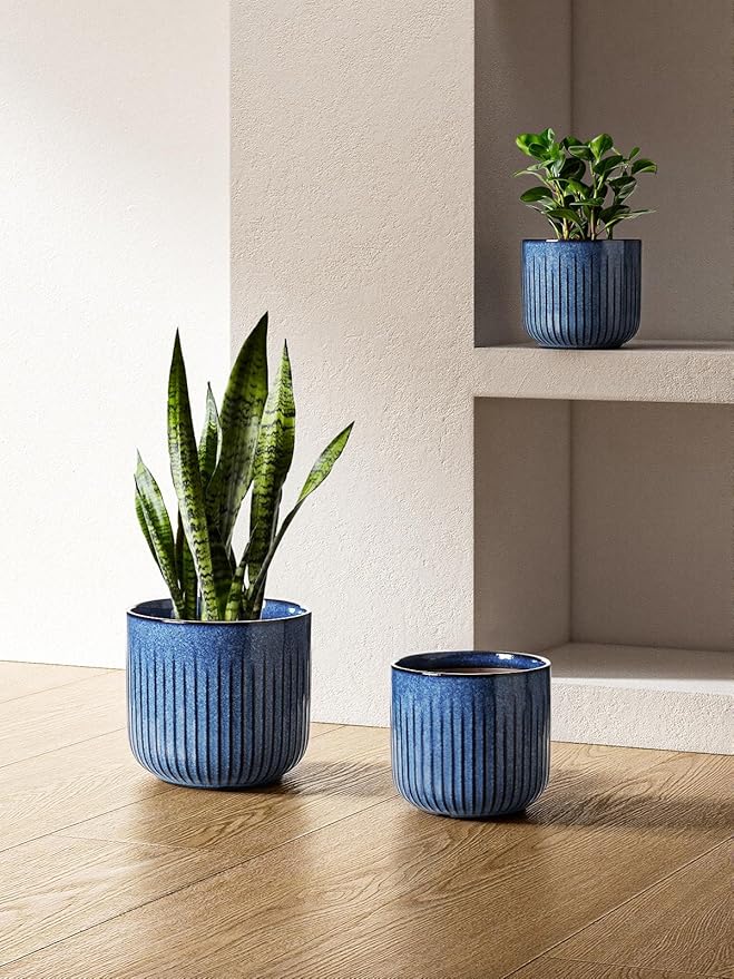 LE TAUCI Fluted Ceramic Plant Pots, 8.3/7/6 Inch Indoor Planters with Drainage Holes & Mesh, Modern Glossy Glaze Cylinder Flower Pot for Snake Plant, Set of 3, Harbor Blue