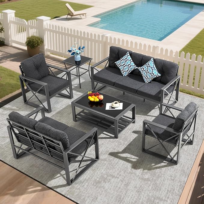 6 Pieces Outdoor Patio Furniture Set, Metal Porch Furniture Set, Outdoor Sectional Conversation Set w/Coffee Table & Side Table for for Poolside, Balcony, Yard, Gray