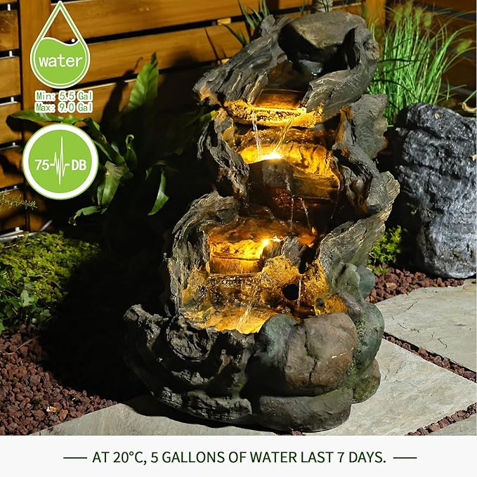 Garden Outdoor Water Fountain - 42.1 Inches Cascading Tiered Wood River Outdoor Fountain with LED Lights and Pumps for Garden, Patio, Backyard, Deck, Porch, Pond and Home Art Decor
