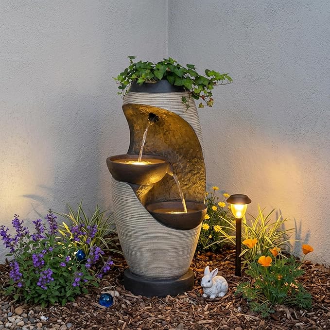 2-Tier Bowl Water Fountain with LED Lights, 27.95" Tall Freestanding Outdoor & Indoor Garden Waterfall Fountain for Yard, Patio, Backyard, Floor Standing Home Decor