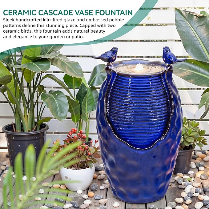 23.5" H Ceramic Jar Outdoor Fountain, Honeycomb Pot Water Feature with LED Lights, Soothing Trickling Waterfall for Garden, Patio, Yard Oasis, KD Vivid Bird Accents, Cobalt Blue Glaze,