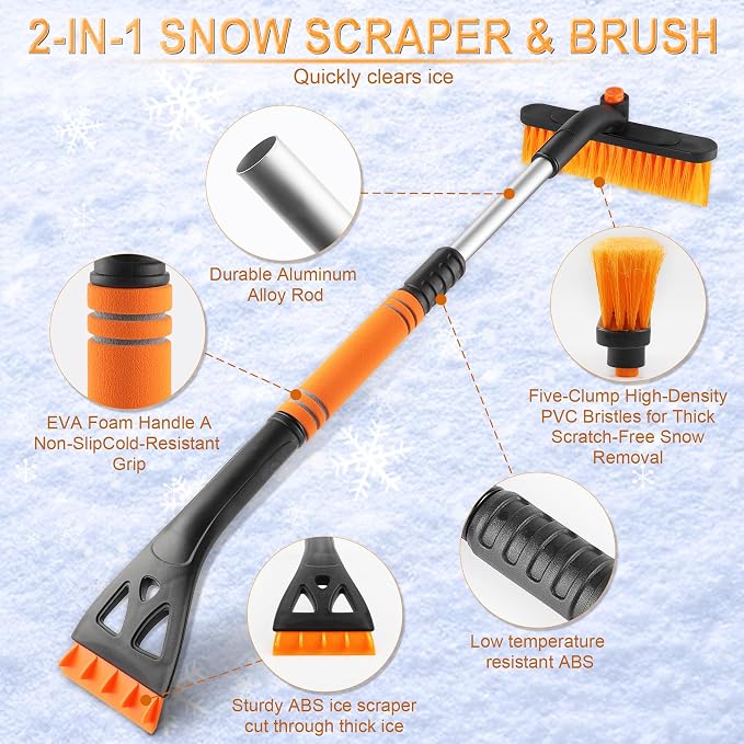 LivTee 32" Extendable Ice Scraper & Snow Brush for Car Windshield, 360?? Rotating Snow Removal Tool for Cars, Trucks & SUVs, Automotive Winter Essentials & Car Accessories for Men, Orange - Image 4