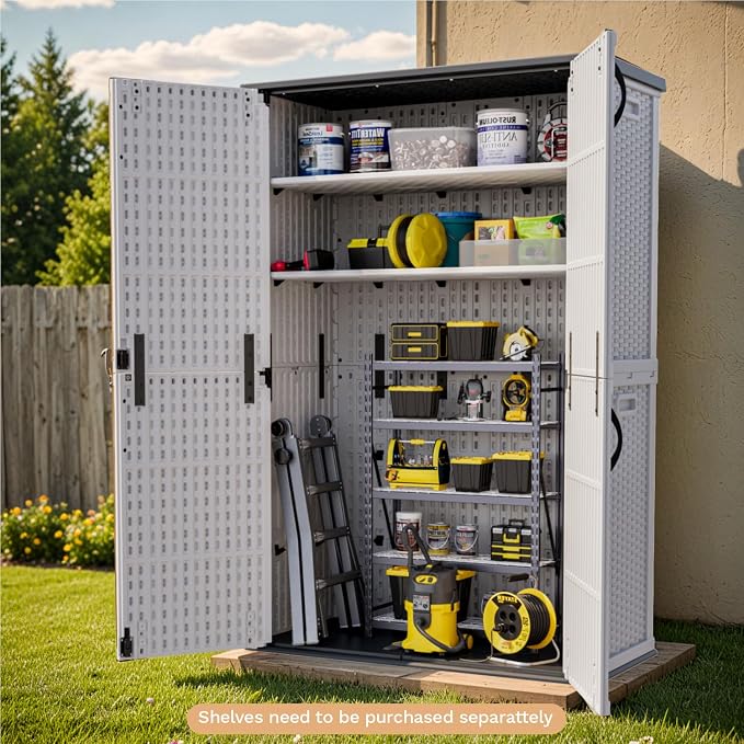 Patiowell 50 cu.ft Plastic Outdoor Storage Shed, Lockable Waterproof Resin Storage Cabinet Vertical Storage Shed for Garden Tools, Garbage Cans, Pool Supplies, White(Not Include Shelves) - Image 2
