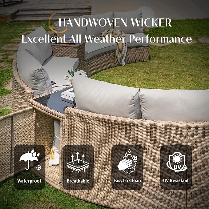 PaPaJet 3-Piece Patio Furniture Set, Half-Moon Wicker Sectional Sofa with Cushions, Waterproof Rattan Outdoor Conversation Set for Beach, Pool, Garden & Balcony, Beige