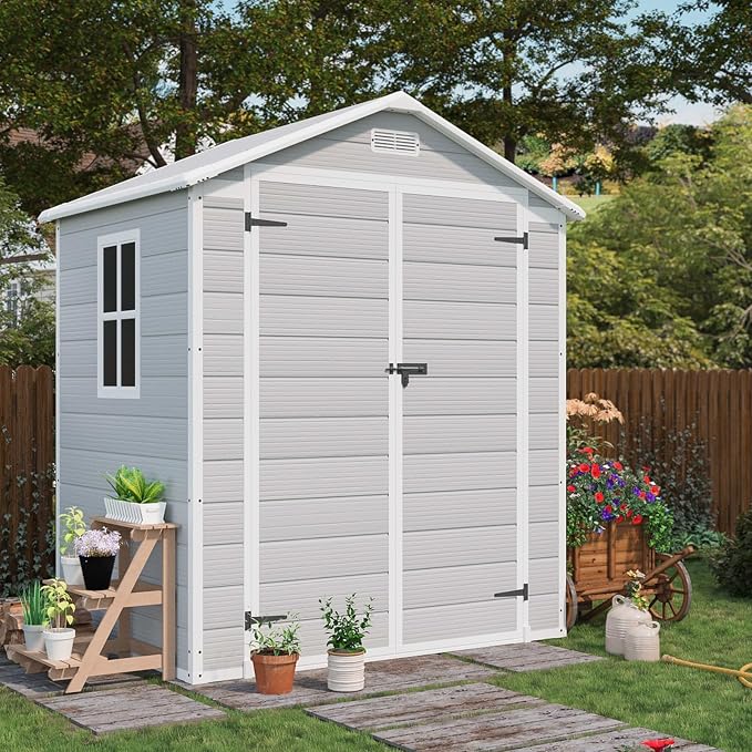 Patiowell 6x4 FT Resin Outdoor Storage Shed with Floor, Plastic Storage Shed with Lockable Door, Outside Shed Perfect to Store Patio Furniture, GardenTools Bike Accessories, Lawn Mower, Light Gray - Image 2