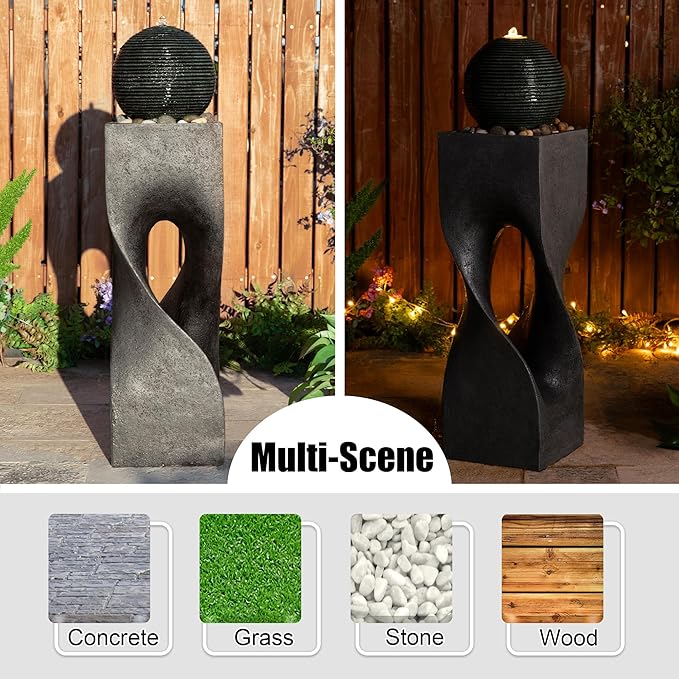 Glitzhome Outdoor Water Fountain, Outdoor Fountain with Lights, 36.5" H Modern Geometric Pedestal and Sphere Polyresin Outdoor Floor Standing Fountain with Pebbles, Pump for Garden, Patio, Backyard