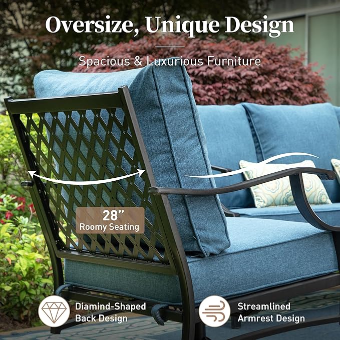 6 Piece Metal Outdoor Patio Furniture Set, Patio Conversation Set 1 3-seater Sofa, 2 Rocking Chair, 2 Ottomans with 5.75" Thick Cushion and Coffee Table, Black Backyard Furniture, Navy