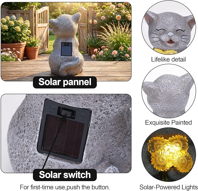 PETAFLOP Solar Cat Garden Statue with LED Sunflower, Healing Emotional Figurine Patio Balcony Yard Lawn Outdoor, Christmas Birthday Housewarming Gifts for Mom Grandma Women Cats Lover