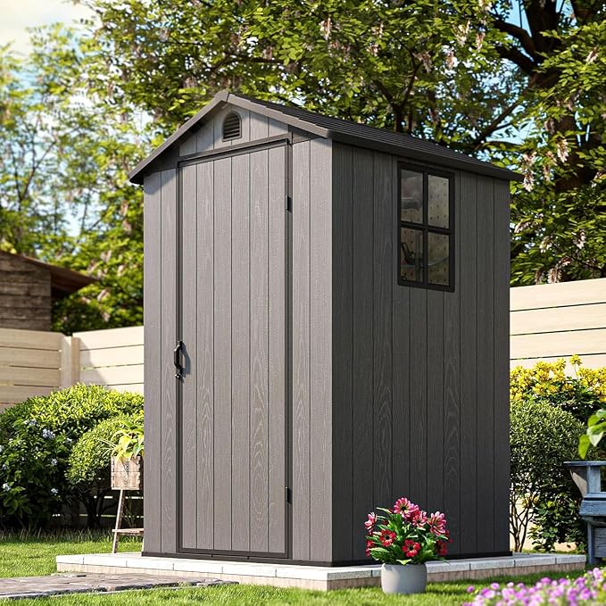 Patiowell 4' x 4' Outdoor Storage Shed with Floor, Plastic Shed Outside Resin Tool Shed with Window and Lockable Door for Backyard Garden Patio Lawn, Dark Grey (Fit-it Shed) by Patiowell