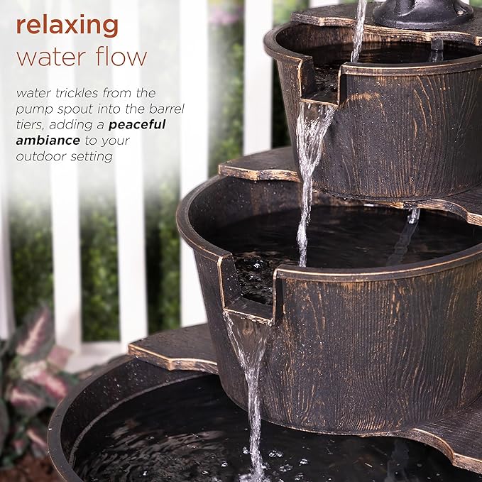 Alpine Corporation 40" Tall Outdoor Floor Tiered Rustic Pump and Barrel Water Fountain, Old-Fashioned Waterfall for Garden, Patio, Yard Decor, Dark Brown
