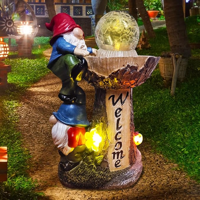 Garden Gnomes Outdoor Statue with Solar LED Lights, Solar Garden Gnomes Decorations10.4 in Funny Double Gnomes Sculptures Home Outdoor Lawn Yard Decor, Ideal Gnomes Gifts for Women/Grandma/Mom