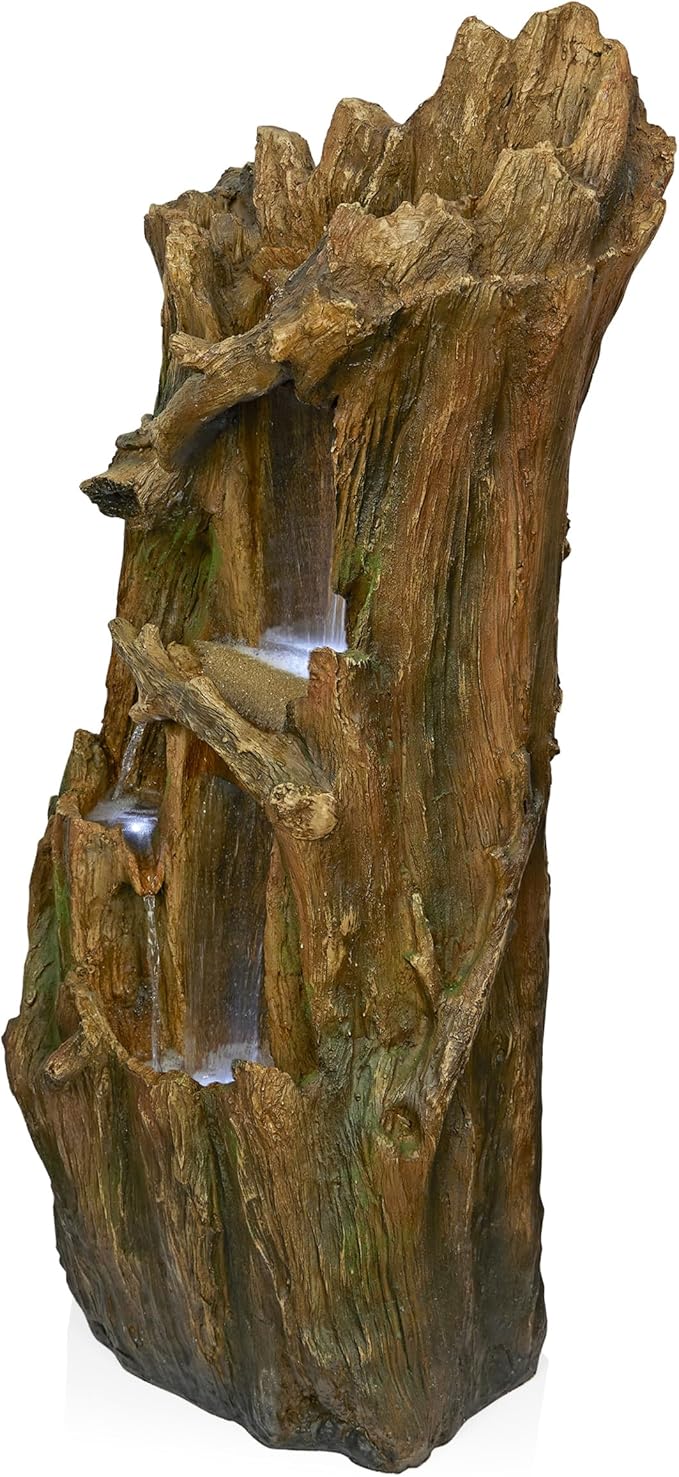 Alpine Corporation TZL346 Outdoor 3 Tier Tree Trunk Floor Fountain with Cool White LED Lights, Tiered Garden Decor, 40" H, Brown
