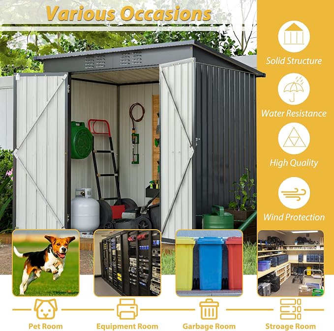 YOPTO 6x4 FT Outdoor Storage Shed,Metal Heavy-Duty Tool Shed with Hinged Door and Padlock,Waterproof Garden Shed W/Vents,All Weather,Foldable House for Garden Backyard,Lawn,Black - Image 6