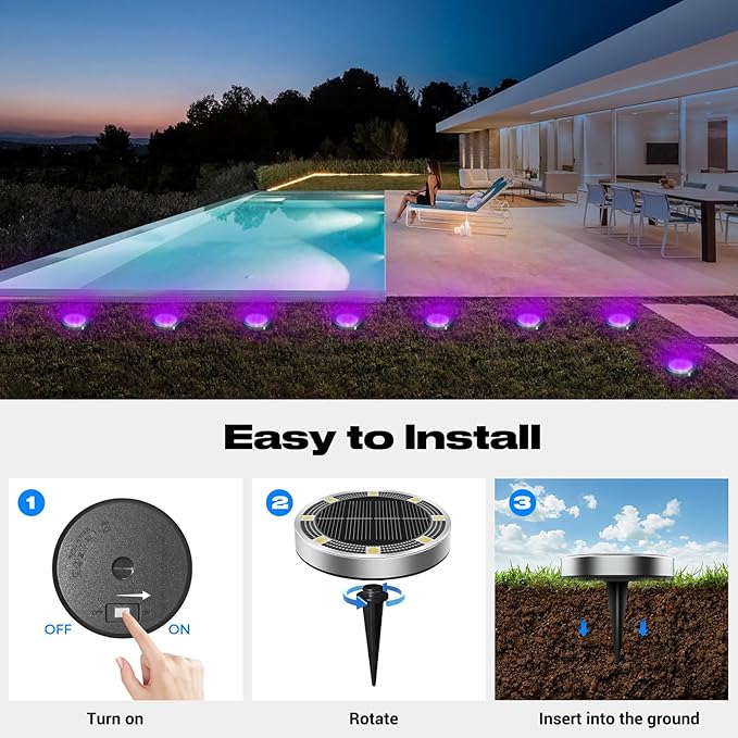 Peasur Solar Ground Lights Outdoor, 4 Pack Flat Solar Powered Disc Lights, IP68 Waterproof, Anti-Rust, Landscape Lighting for Pathway Garden Yard Lawn Walkway Landscape Driveway, Purple