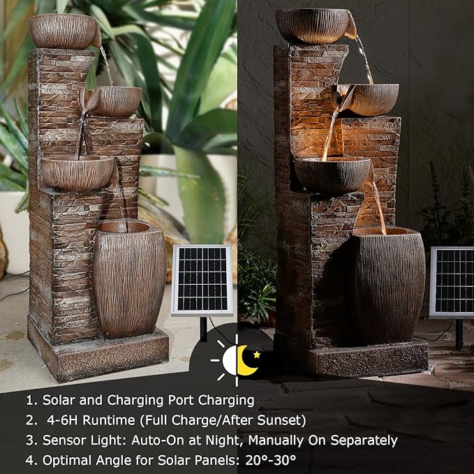 38.2" Tall Solar Powered Water Fountain for Outdoor,4 Tiers Modern Cascading Bowls and Stacked Stones Solar Fountains with LED Lights for Garden, Patio, Deck, Backyard and Home Art Decor