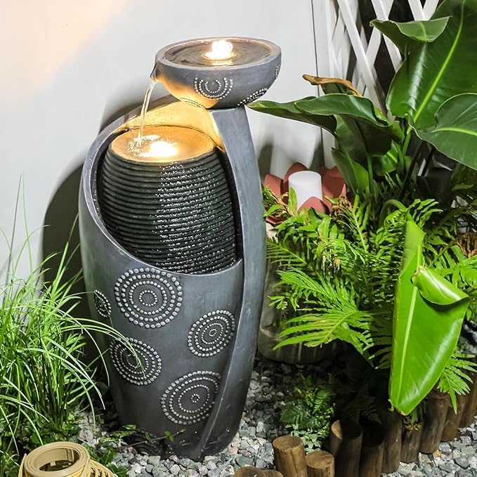 Jar Indoor Water Fountain - Outdoor Decor Garden Vase Waterfall 31.8" Cascading Water Feature with Lights Watefall Fountains for Porch, Patio, Backyard, Deck, Home Gift,Grey