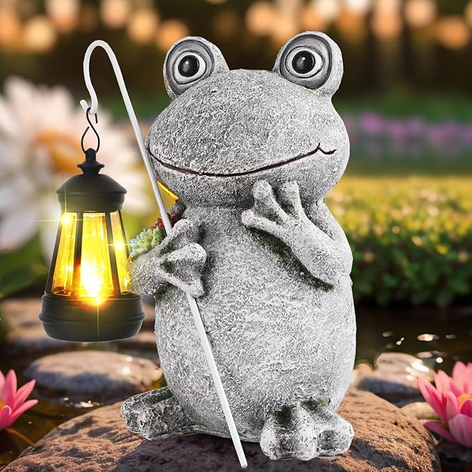 Frog Solar Garden Statues, Resin Frog Figurine Decorations, Outdoor Frog Decor Art for Lawn,Yard, Unique Housewarming Gift for Garden Home