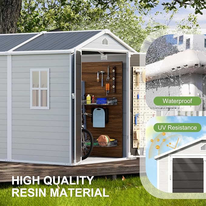 8x6 FT Outdoor Storage Shed, Waterproof Resin Shed with Floor Included & Lockable Door & Window & Vents, Outside Plastic Sheds for Backyard, Patio, Poolside, Lawn, Dove Grey - Image 5