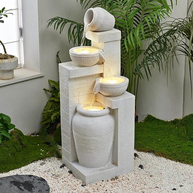 42.52" Outdoor Garden Water Fountain with Lights 4 Tiers Cascading Large Waterfall Floor Standing Fountain for Patio, Backyard, Deck, Porch and Home Art Decor