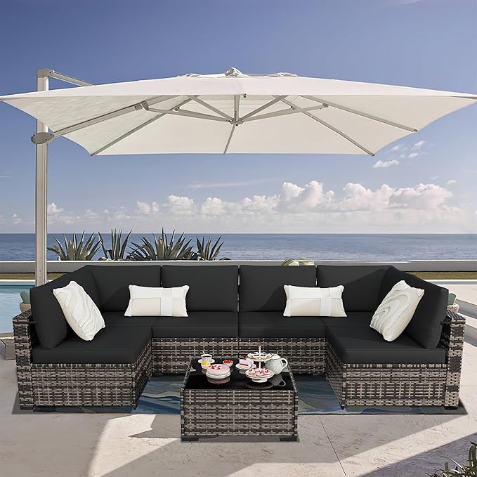 KIGOTY Patio Furniture Set,7 Pieces Modular Outdoor Sectional Sofa, PE Rattan Patio Conversation Set, All Weather Wicker Patio Furniture with Cushions and Coffee Table（Beige Black/Black）