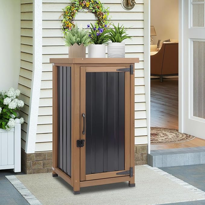 Outdoor Storage Cabinet Waterproof with Metal Top, Wooden Potting Bench Table Tool Organizer with Adjustable Shelf for Patio Backyard Garden - Image 7