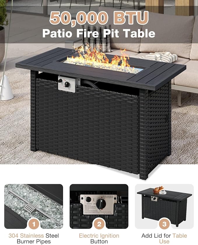 Aoxun Aluminum Patio Furniture Set with Fire Pit Table, 4 Piece Luxury Outdoor Sectional with 6" Olefin Fabric Cushions, Patio Conversation Sets with Waterproof Cover for Backyard, Porch Beige