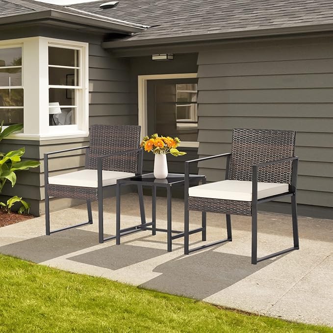 Tangkula 3 Piece Patio Furniture Set, Modern Heavy Duty All Weather Cushioned Wicker Chairs and Coffee Table Set, Suitable for Front Porch, Backyard, Garden, Poolside and Deck (Mix Brown)