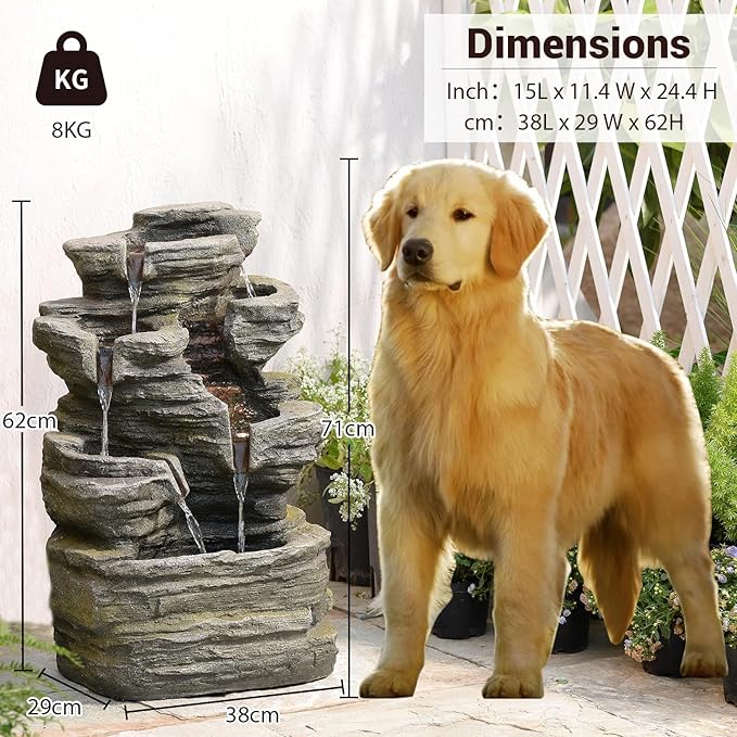 6-Tier Cascading Rock Water Fountain Outdoor Garden Waterfall Decor for Garden, Patio, Backyard, Deck, Porch and Home Art Decor,24.4" H Outdoor Fountain with Lights