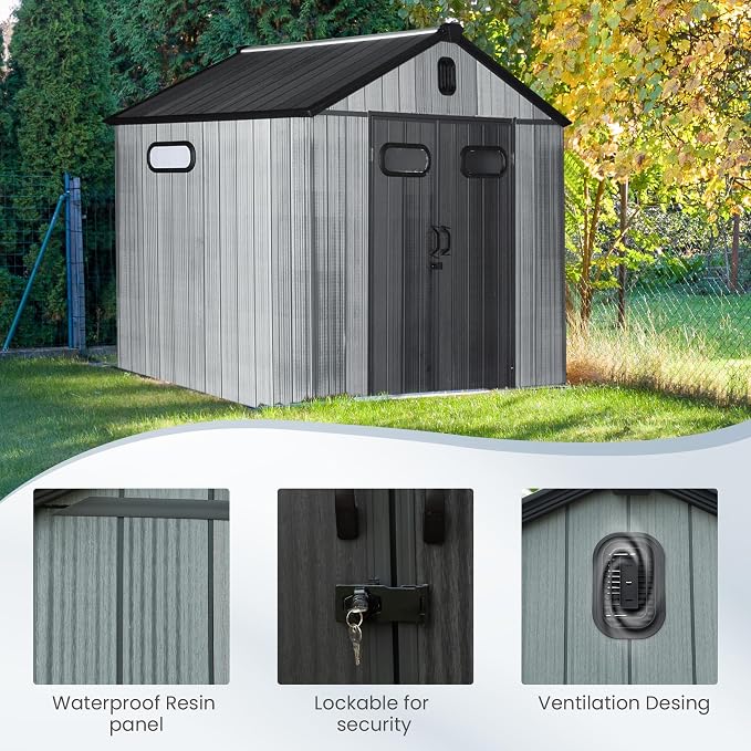 Domi 8x6 FT Outdoor Resin Storage Shed, All-Weather Double-Wall Storage Building for Backyard, Garden, Lawn Tools, Mower, Bike & Pool Equipment, Lockable Doors, Ventilated Roof, Grey - Image 8